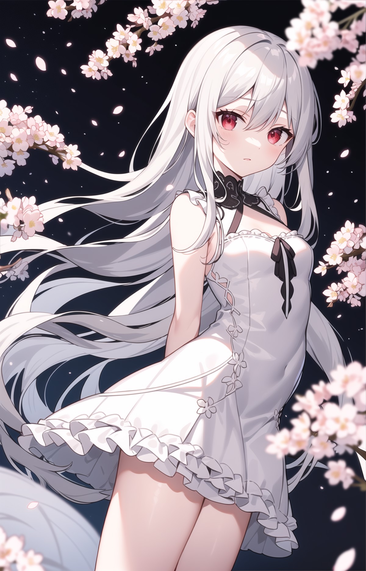 masterpiece, best quality, intricate, long hair, silver hair, red eyes, dress, frills, gothic, arms behind back, 
outdoors...